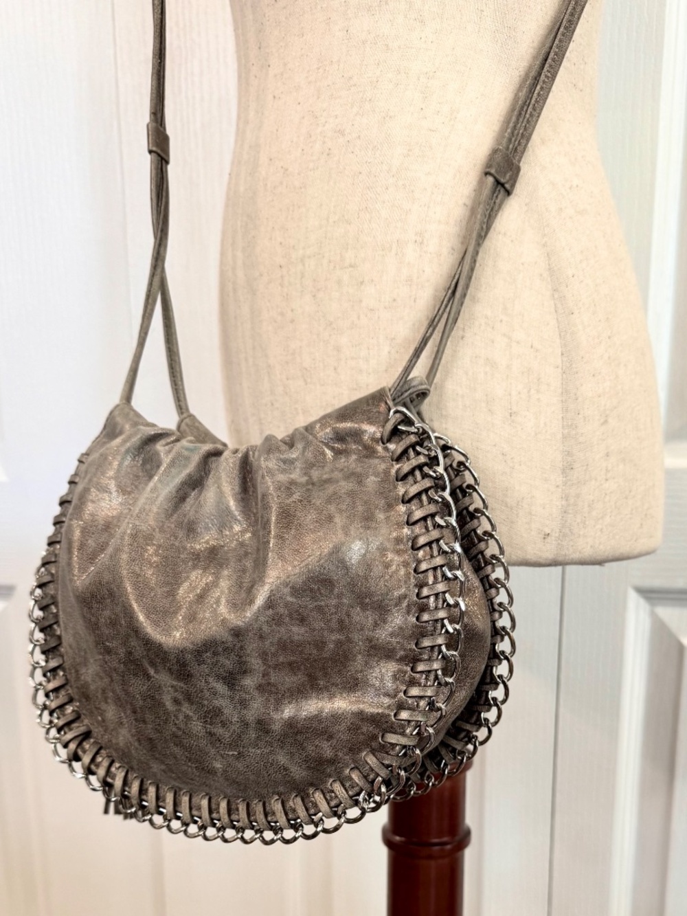 Vintage Michael Kors Crossbody, Antiqued Silver Leather & Chains, Magnetic Close